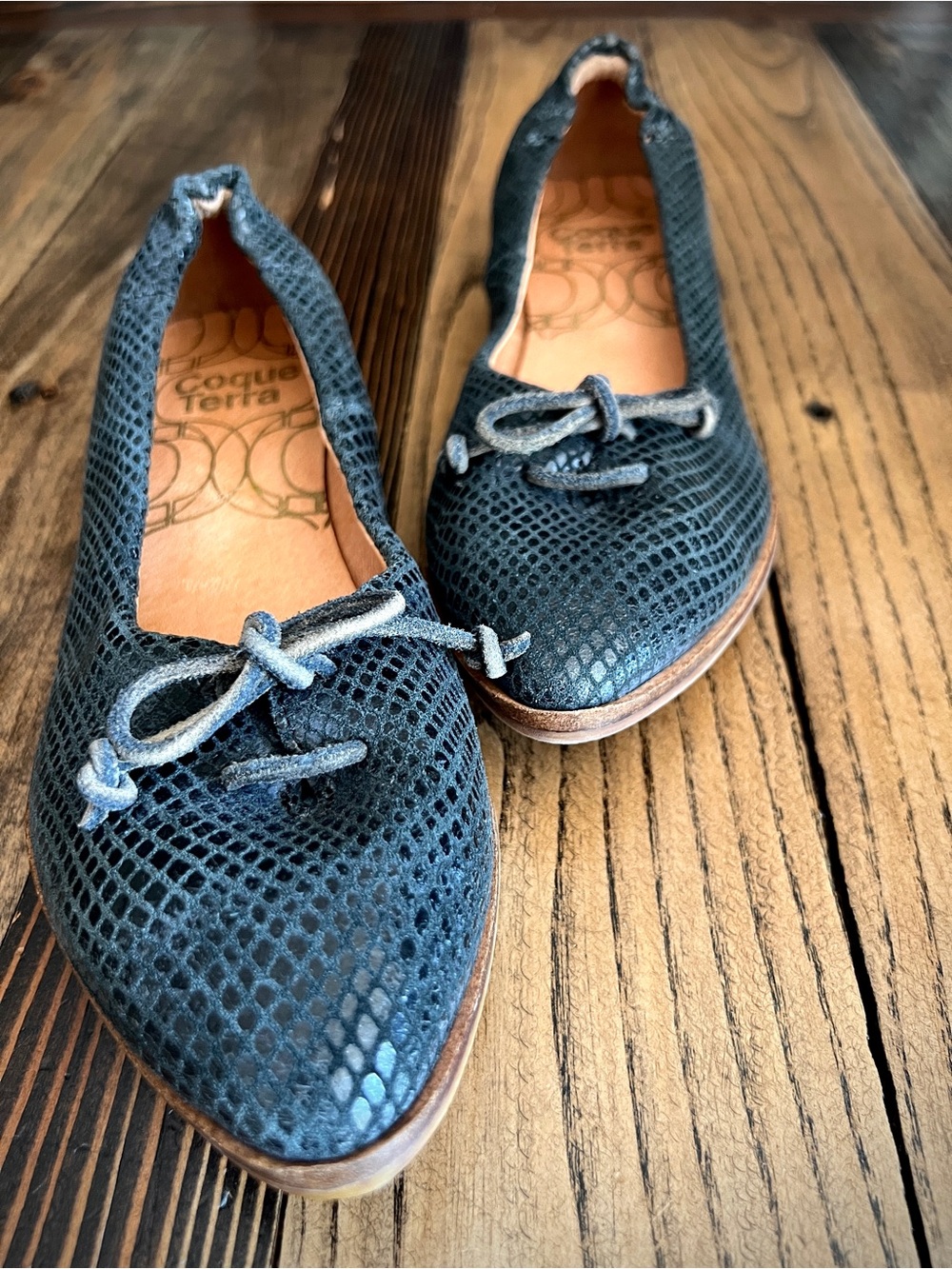 COQUE TERRA Anthropologie Blue Snake Textured Pointed Leather Ballet Flats EU36